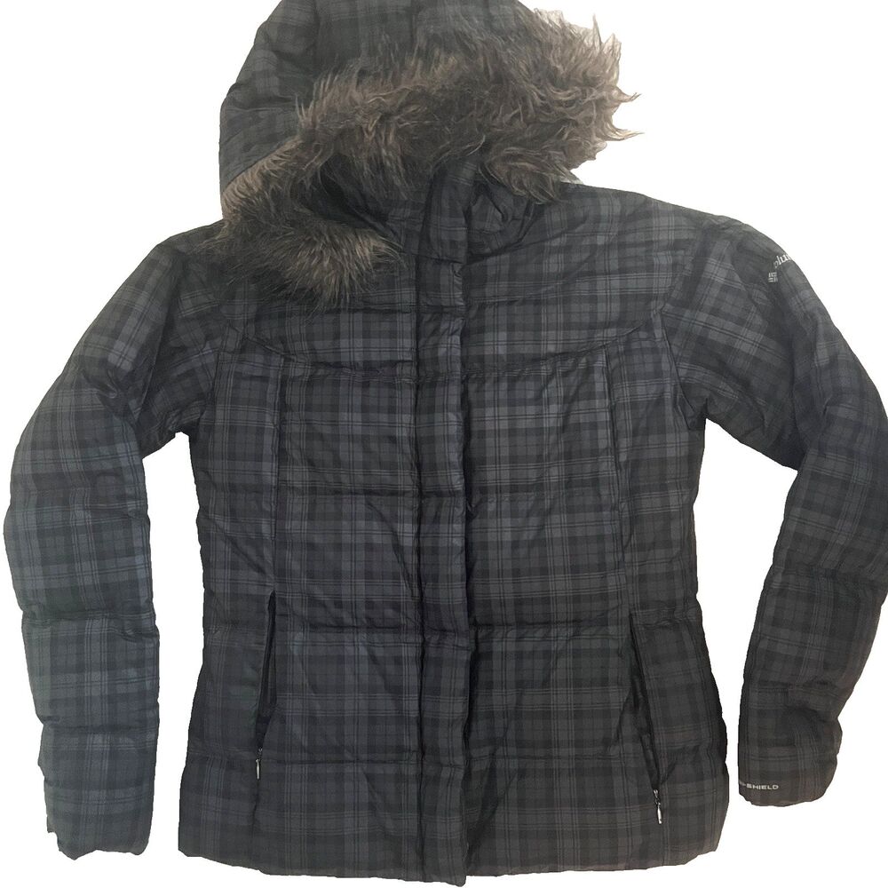 Columbia Womens Down Puffer Jacket M Plaid Hooded Faux Fur Trim
